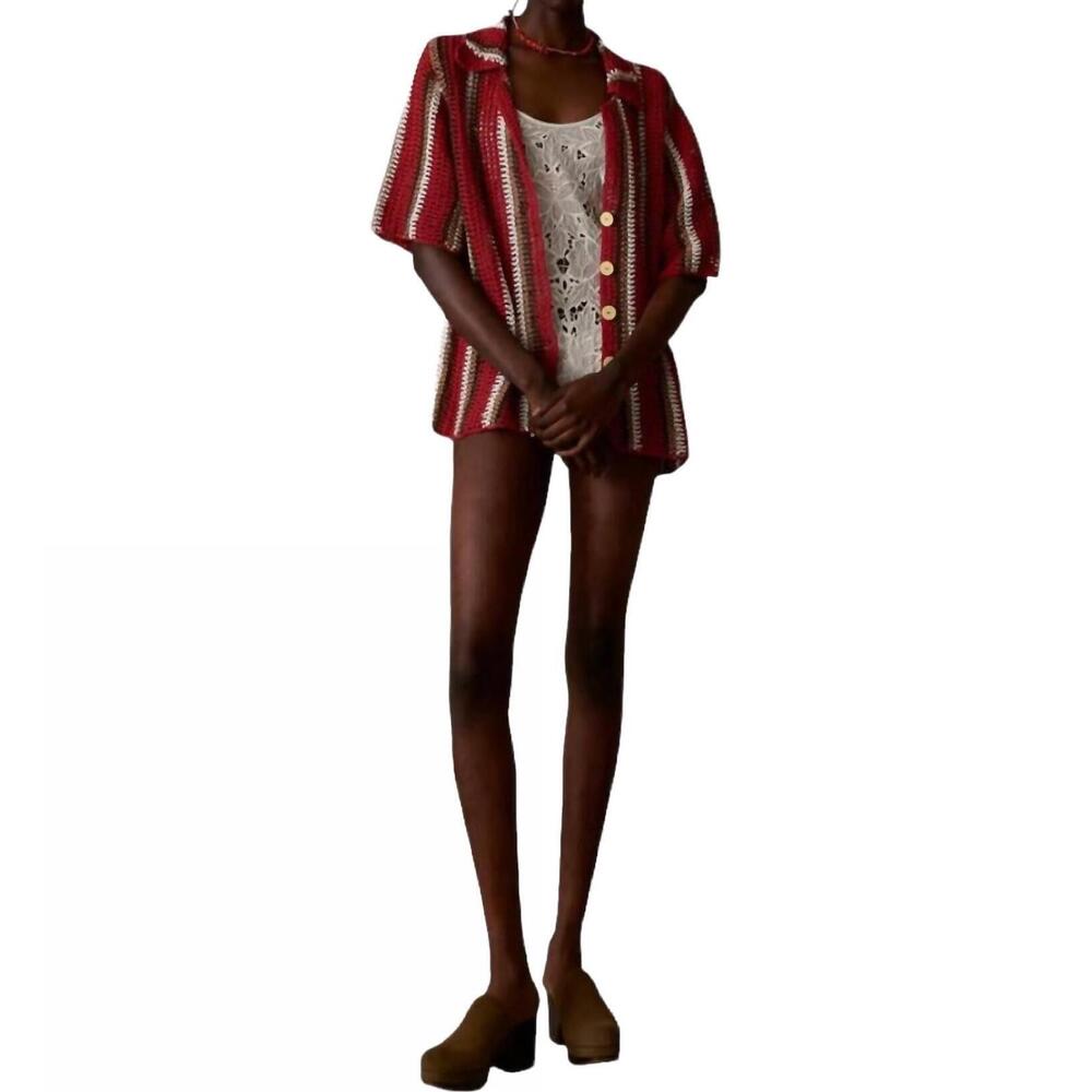 NEW ALL THAT REMAINS colby shirt in red/chocolate/taupe/cream